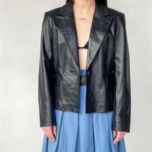 genuine black leather blazer with single button closure